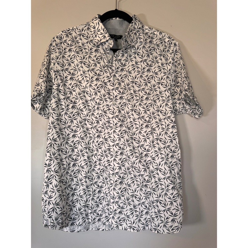 Ted Baker London Mens Krosa Short Sleeve Button Down Shirt White Navy Leaf Sz 5